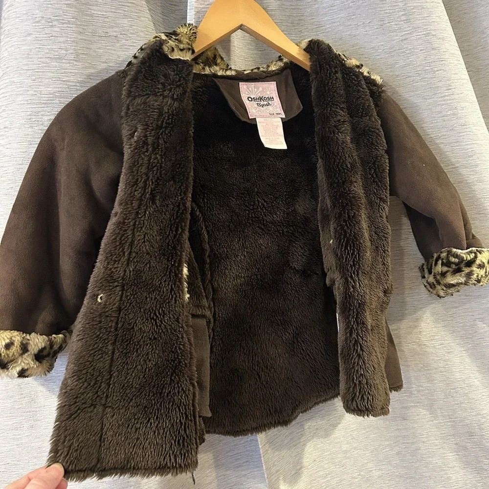 OshKosh B'gosh Girls Basic Coat Brown Leopard‎ Hooded Long Sleeve 4 Y2K